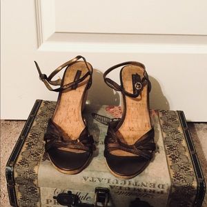 Brown Wedge Sandals With Beaded Heel Design